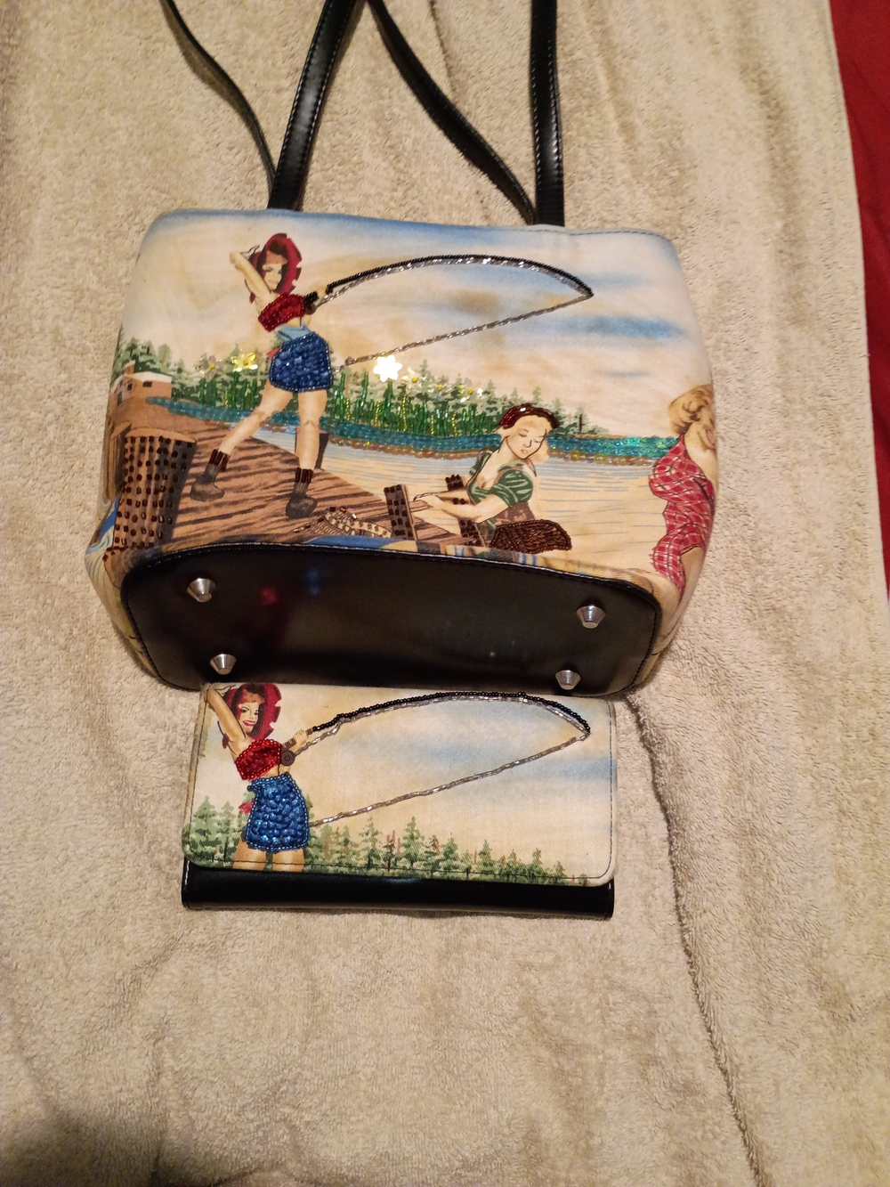 Vintage Pin Up Girls by the Lake Bag & Wallet SUPER CUTE!!! Super rare!!!!!